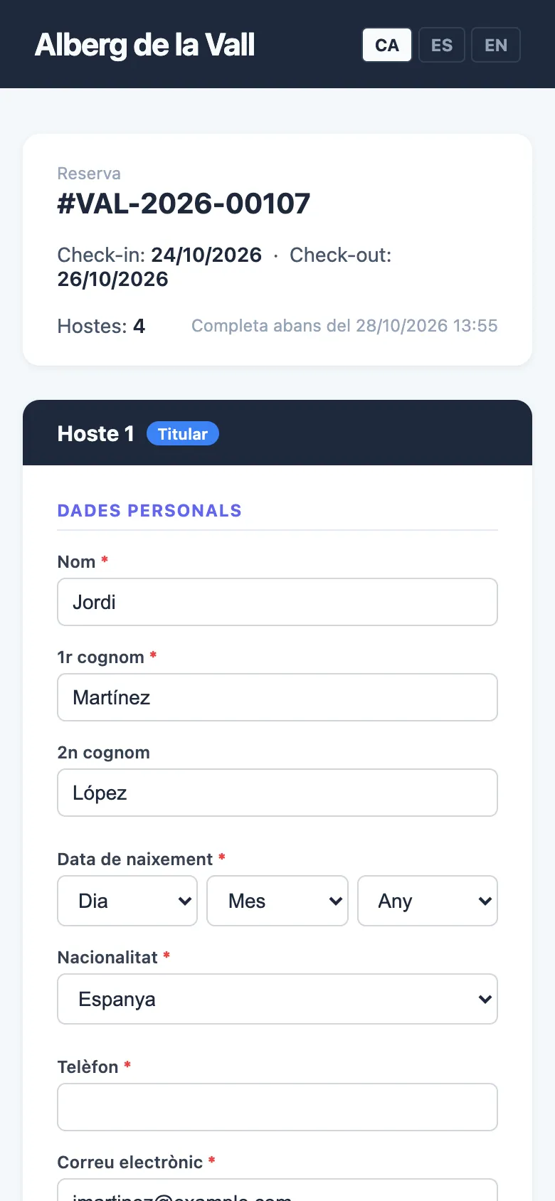 Formulari de check-in al mòbil